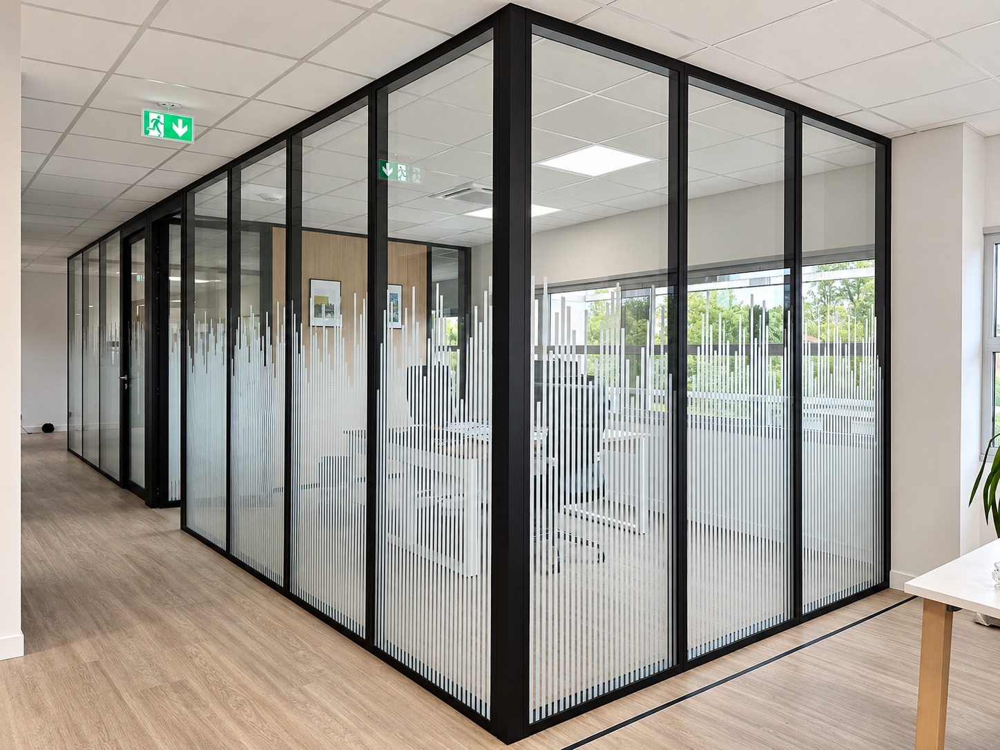 Cloisons vitrées à profils noirs avec vitrophanie dans des bureaux