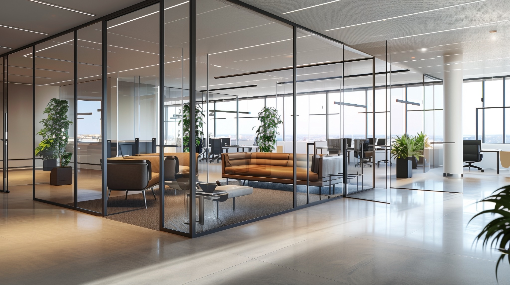Espaces de bureaux délimités par des cloisons vitrées à ossature sombre