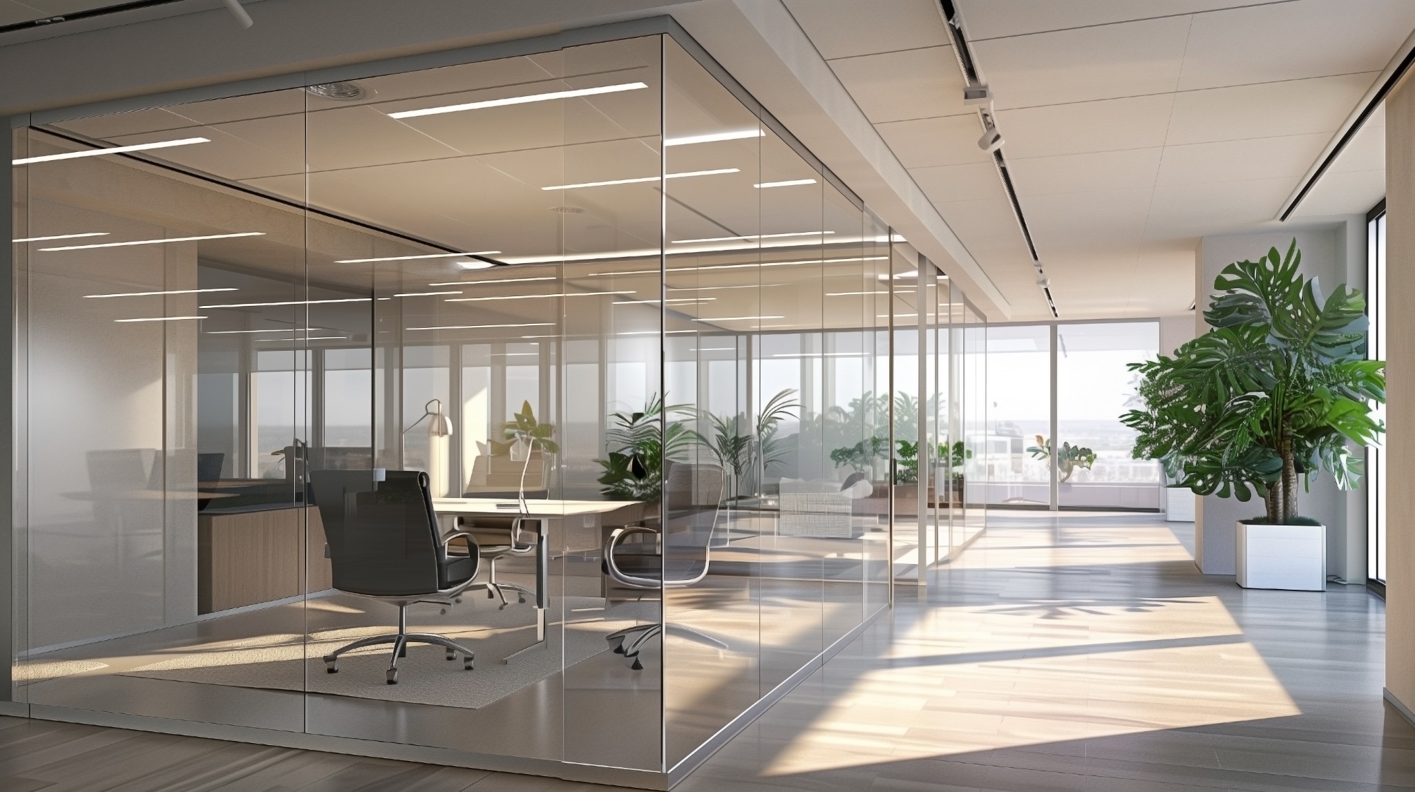 Bureaux lumineux aménagés avec des cloisons vitrées toute hauteur