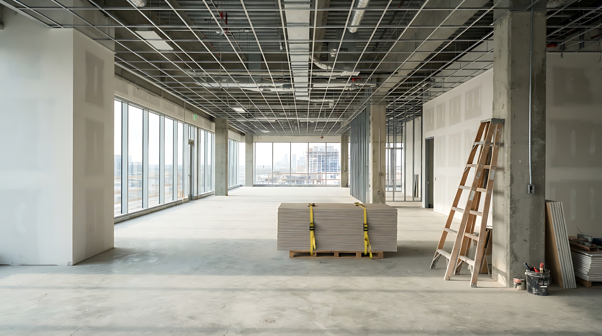 Local en cours de préparation avec ossatures et matériaux de chantier