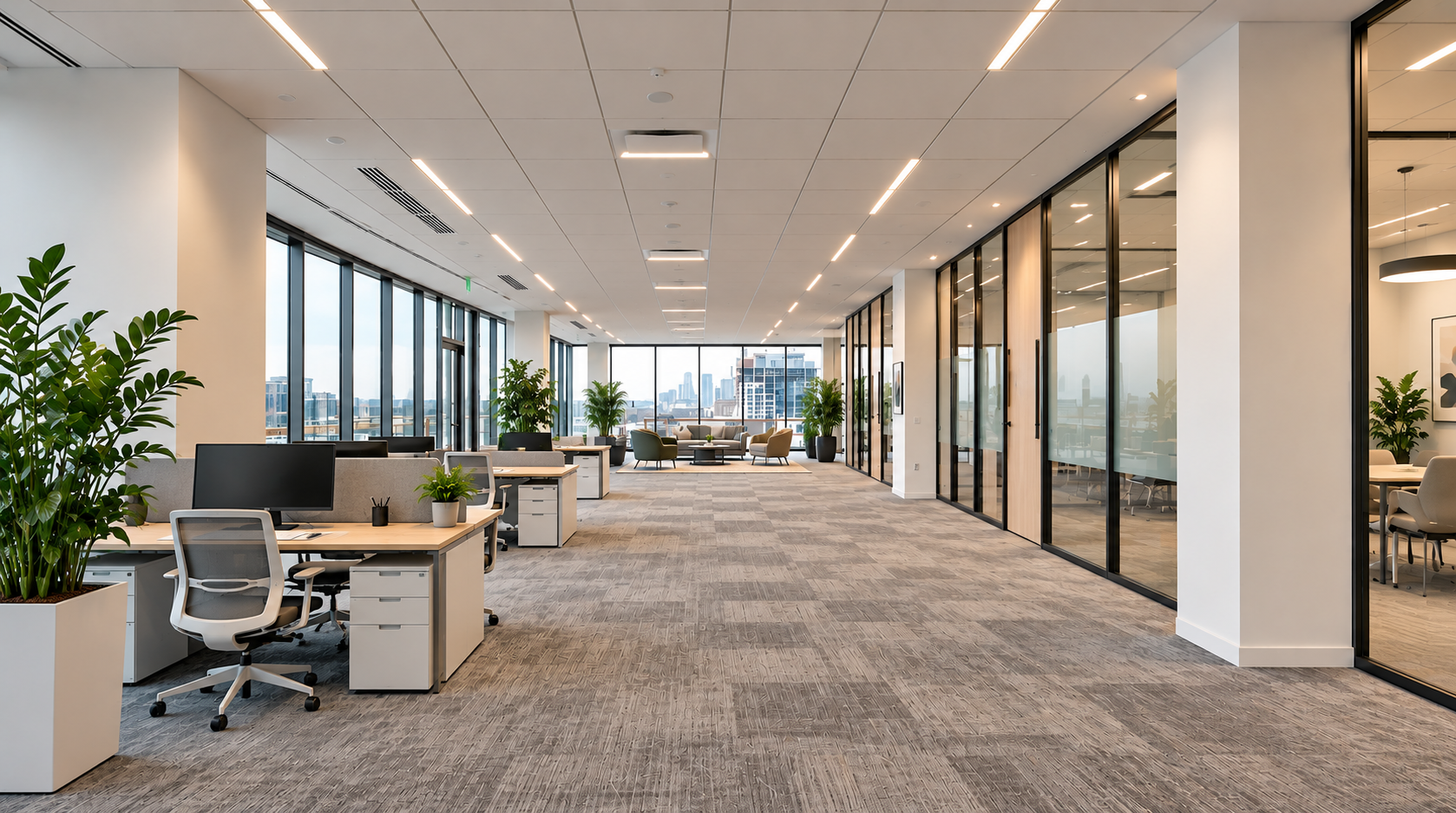 Bureaux aménagés avec cloisons vitrées, faux plafond et mobilier