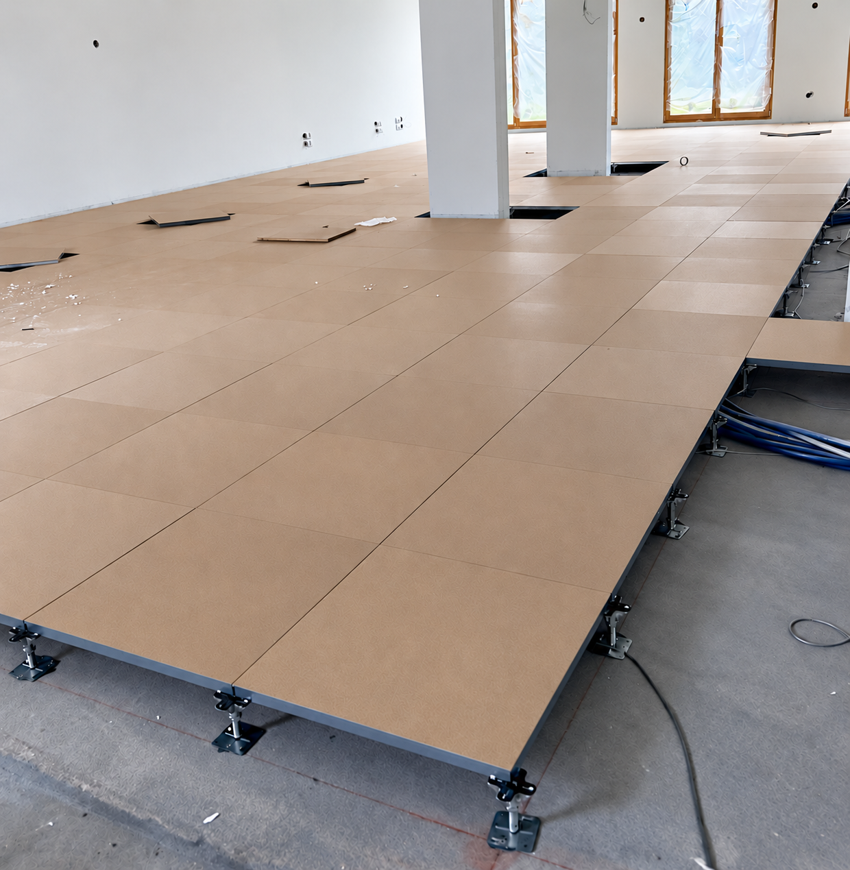 Pose de dalles de plancher surélevé sur une structure à vérins