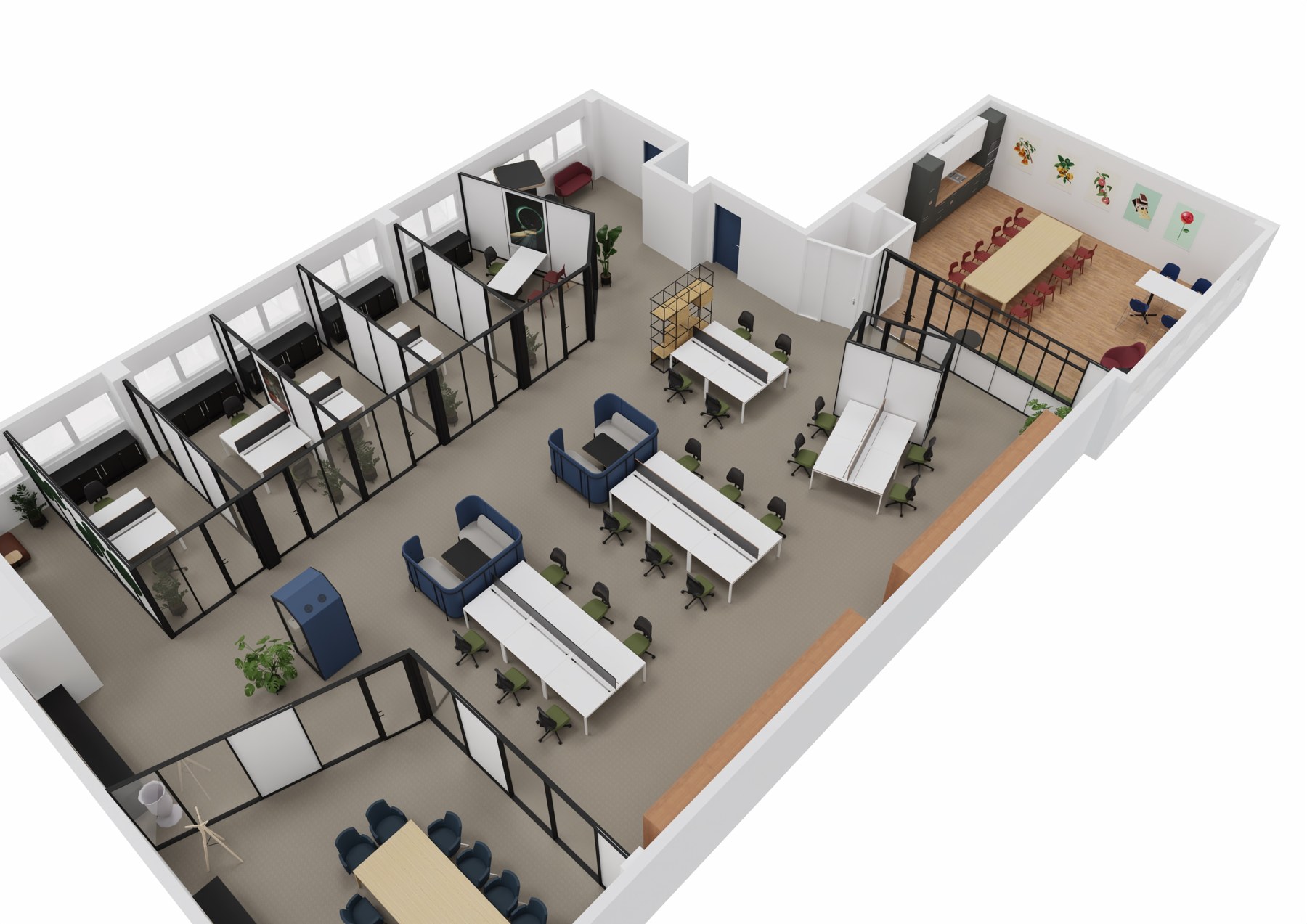 Vue 3D de l’implantation des bureaux et des espaces de réunion