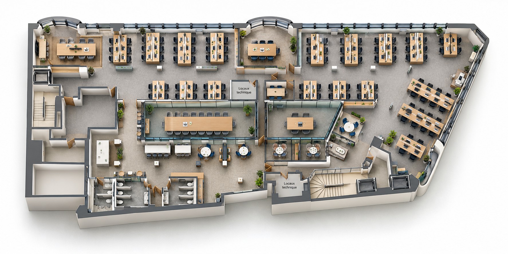 Projection 3D vue du dessus d’un plateau de bureaux avec salles de réunion et circulations