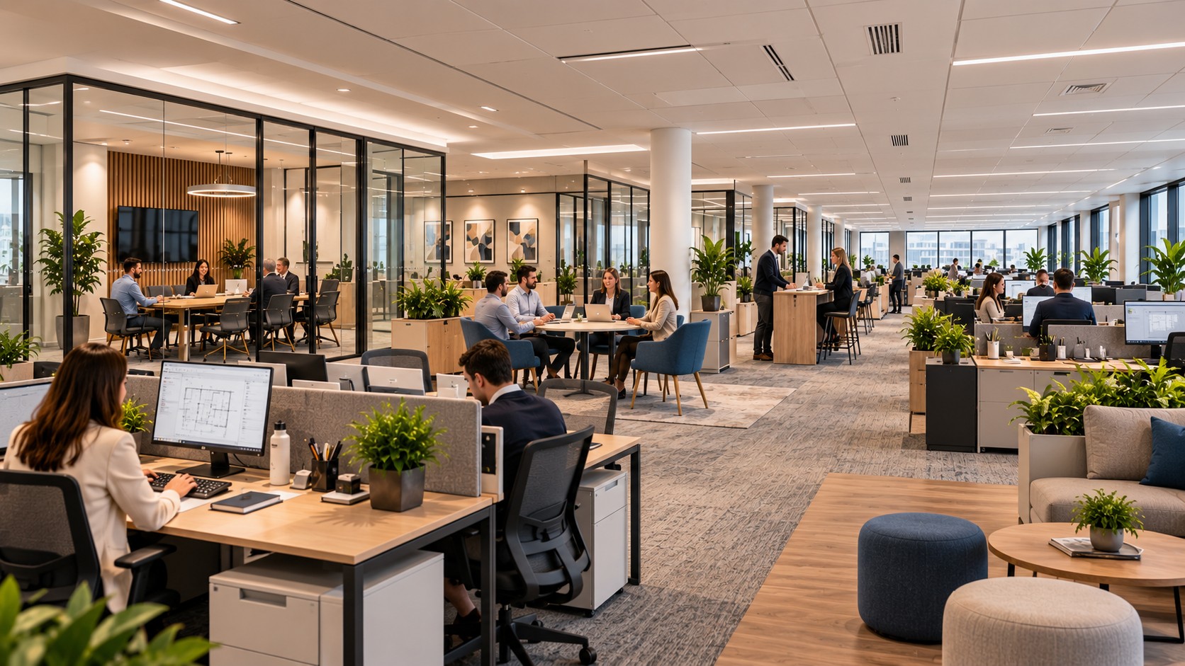 Projection 3D d’un plateau de bureaux occupé, avec espaces collaboratifs et végétation